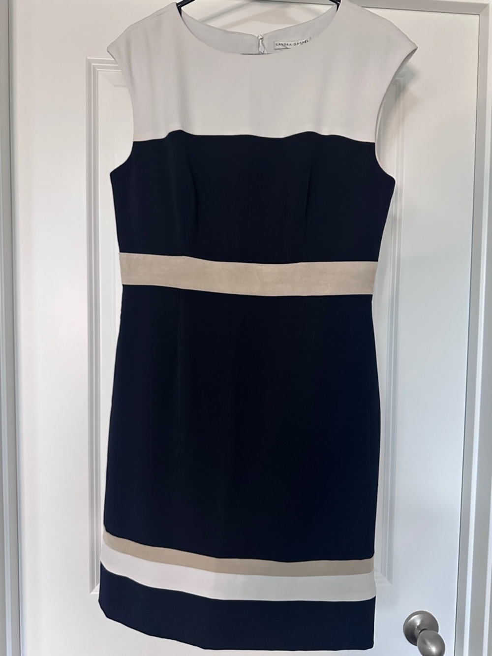 Sandra Darren Navy, White & Beige Colorblock Midi Sheath Dress